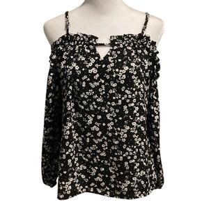 Rue21 Small Black and White Floral Print Cold Shoulder Ruffled Blouse